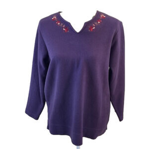 LL Bean ~ Soft Fleece Pullover Blouse Floral Stitching